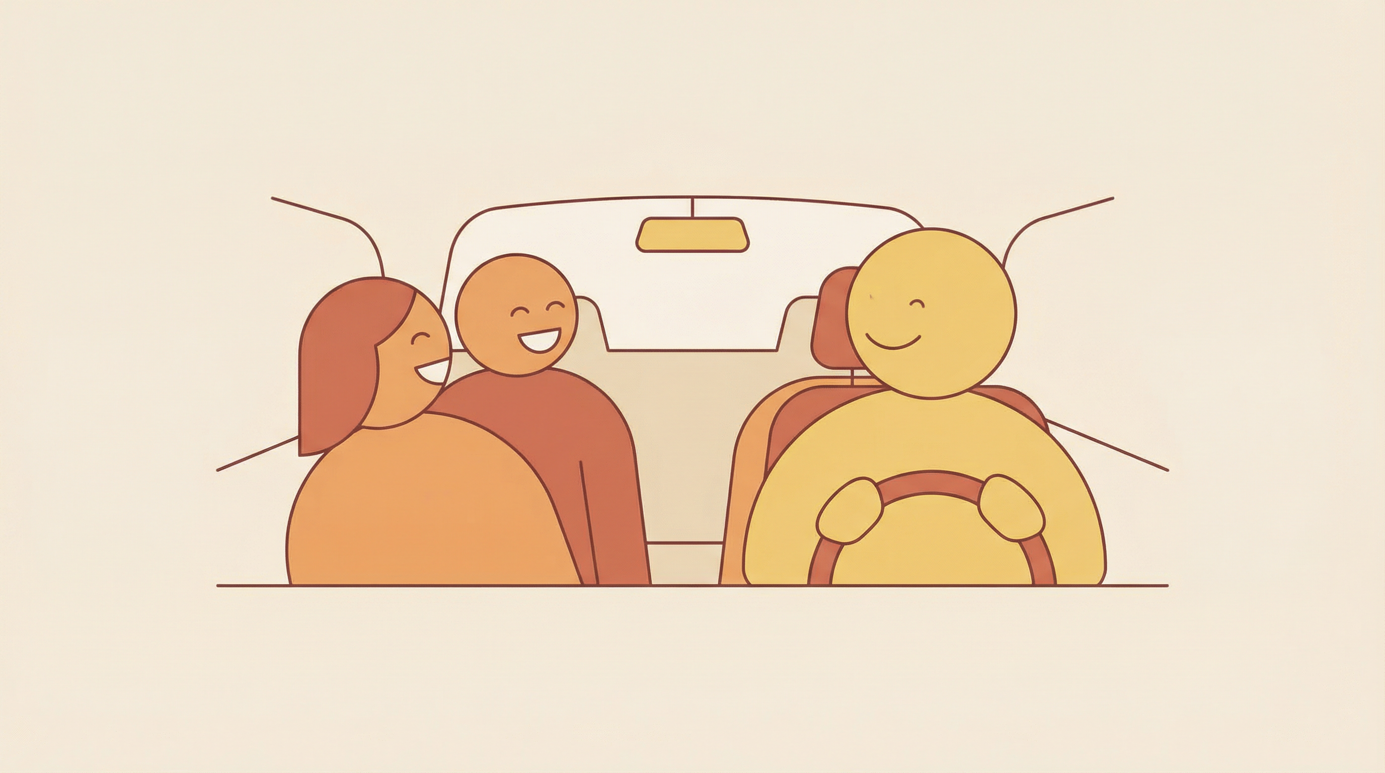 People in taxi laughing with driver